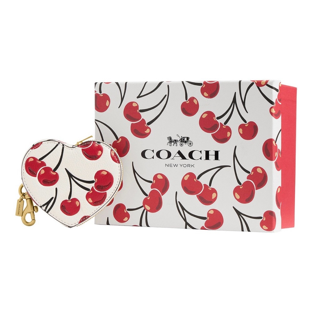 COACH Boxed Cherry Print Leather Heart Coin Purse NEW IN BOX